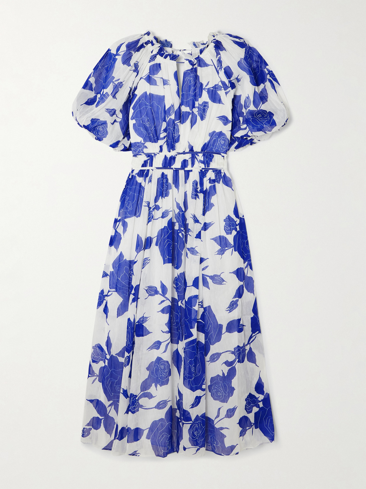 Shop Aje Elysium Floral-print Linen And Silk-blend Crepon Midi Dress In Blue