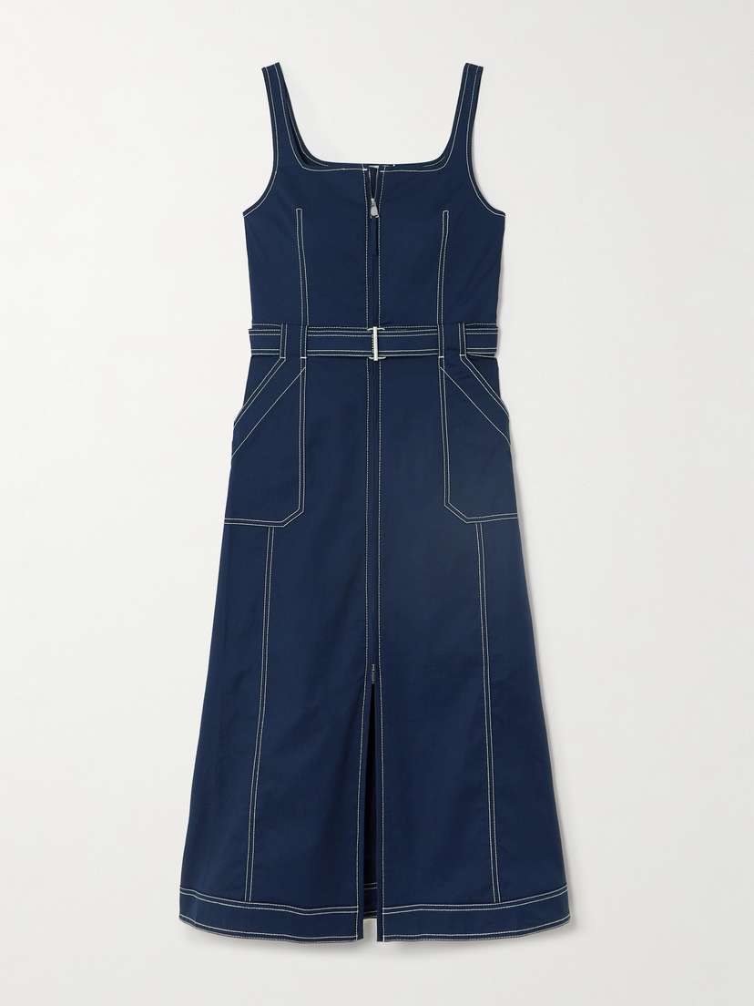 SIMKHAI Manson Topstitched Belted Cotton-blend Poplin Midi Dress