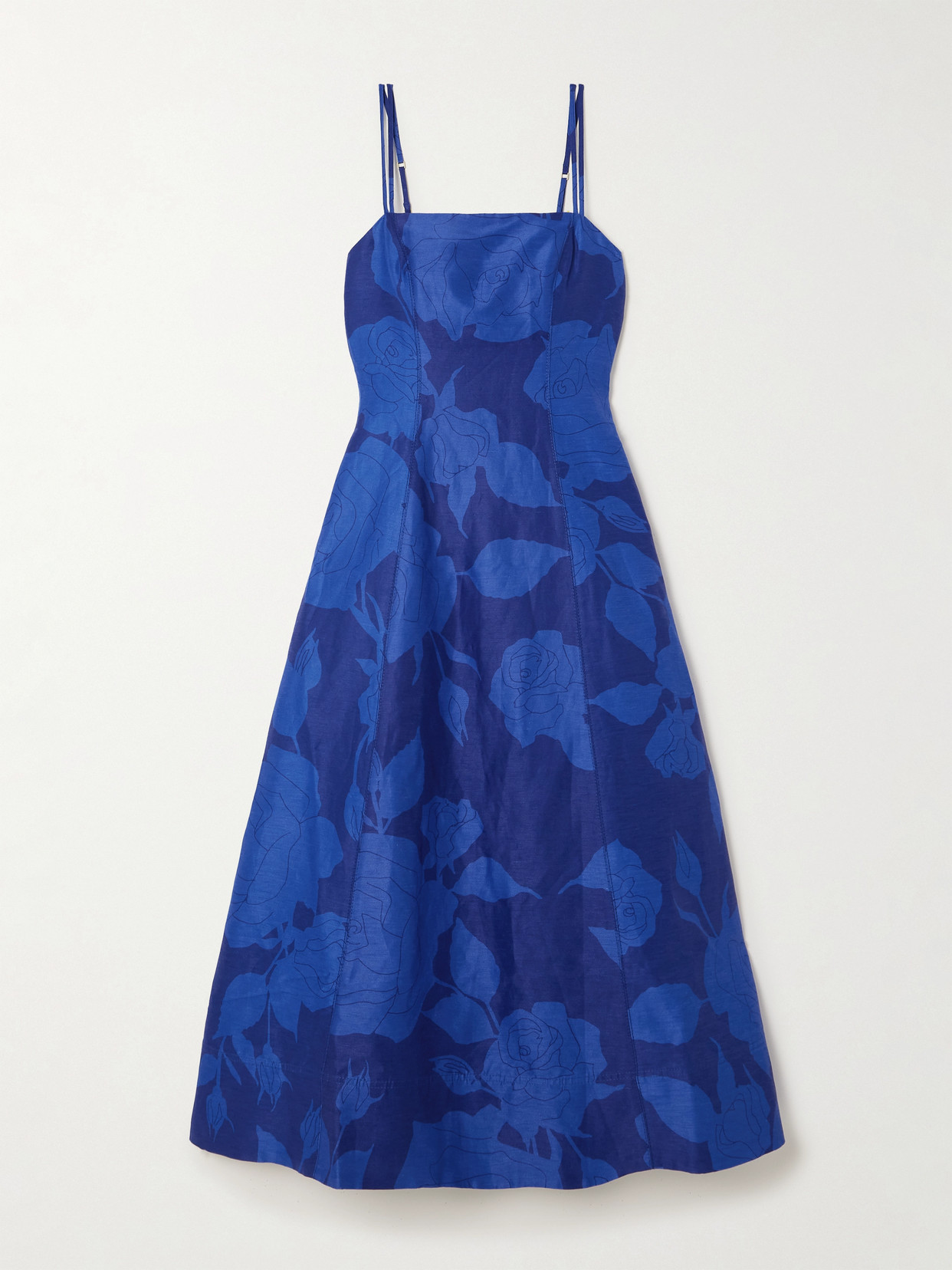 Shop Aje Belonging Floral-print Linen-blend Midi Dress In Blue