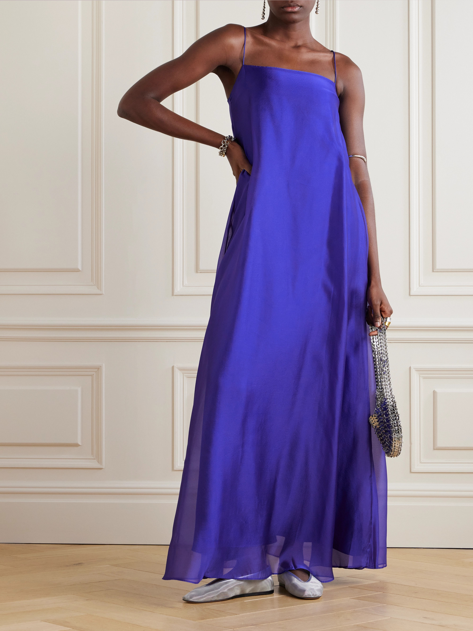 staud organza dress STAUD, Auden in Navy, Size XS flowing silhouette that gracefully cascades to a ruffled hem Hyacinth Tierd Organza Dress, Blue