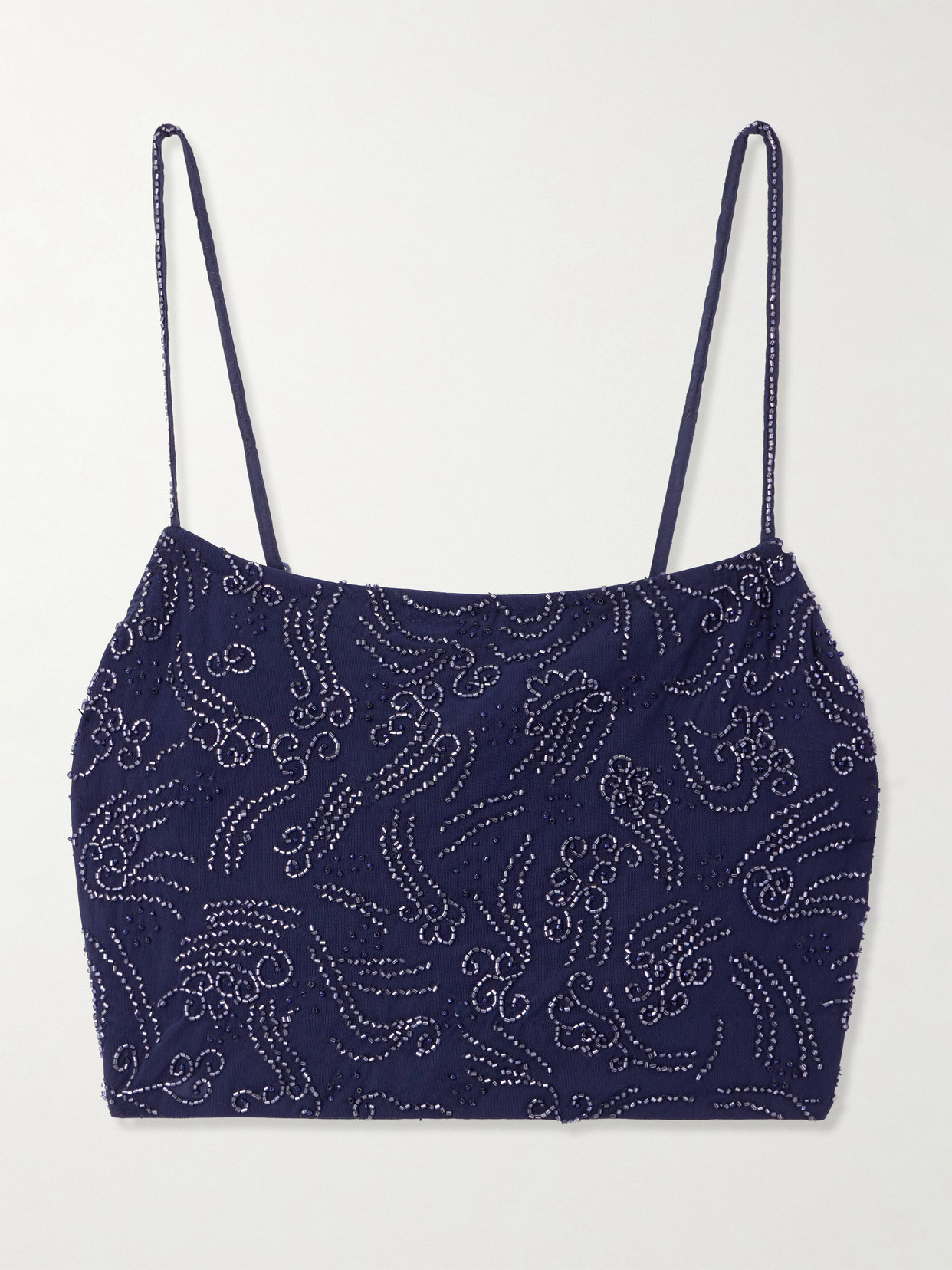 Staud Fermo Cropped Bead-embellished Tulle Top In Blue
