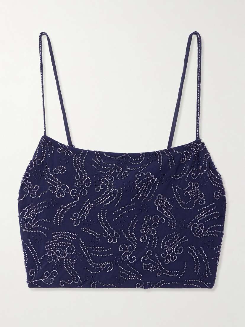 Staud Fermo Cropped Bead-embellished Tulle Top