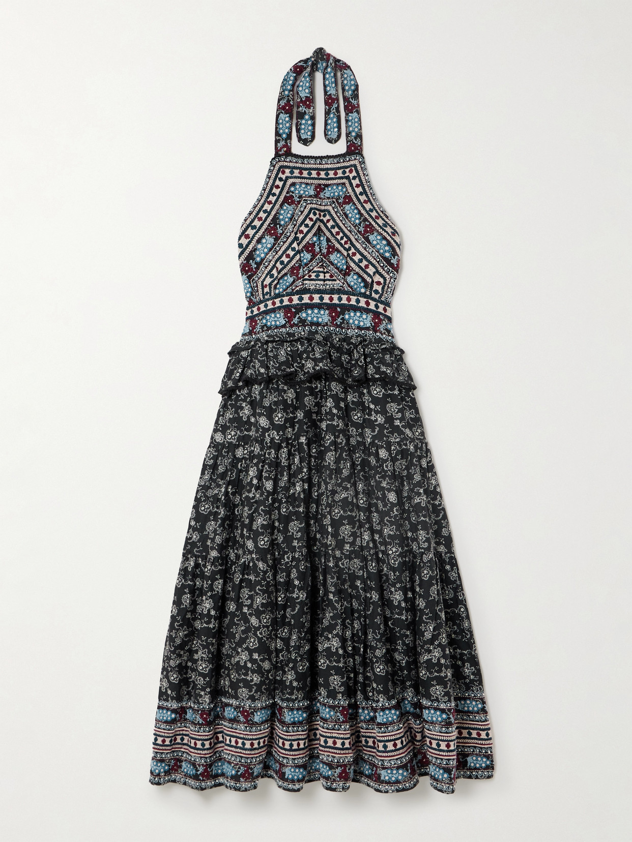 Sea - Everly Ruffled Embroidered Floral-print Cotton Halterneck Midi Dress - Black