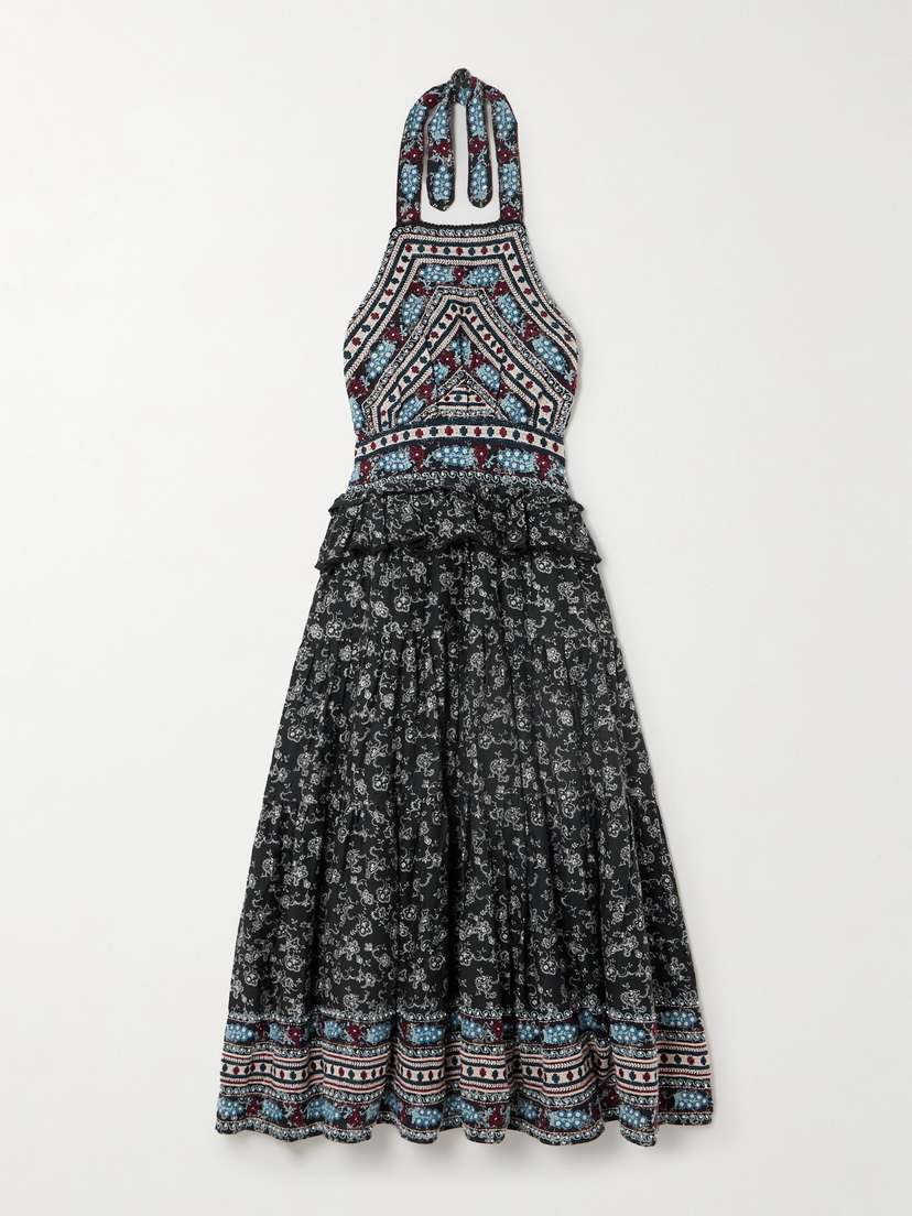 Sea Everly Ruffled Embroidered Floral-print Cotton Halterneck Midi Dress