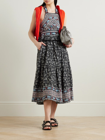 Sea Everly ruffled embroidered floral-print cotton halterneck midi dress