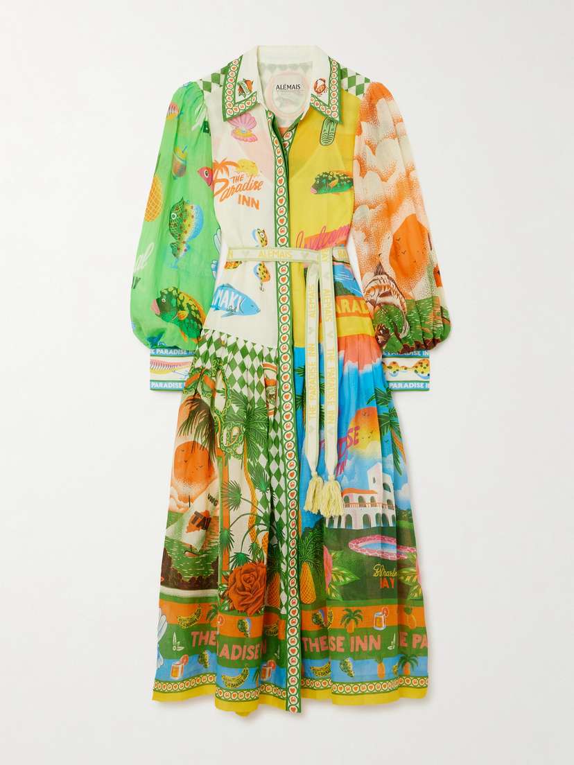 ALEMAIS + Alan Berry Rhys Paradiso Belted Printed Ramie Maxi Shirt Dress - UK 16