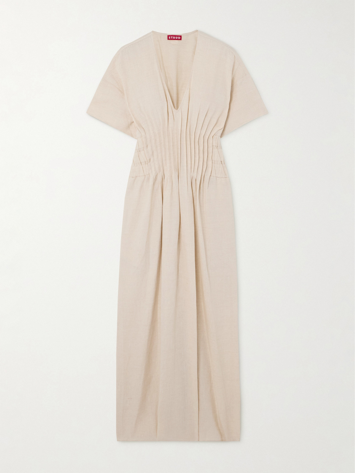 STAUD LAURETTA PLEATED LINEN MIDI DRESS