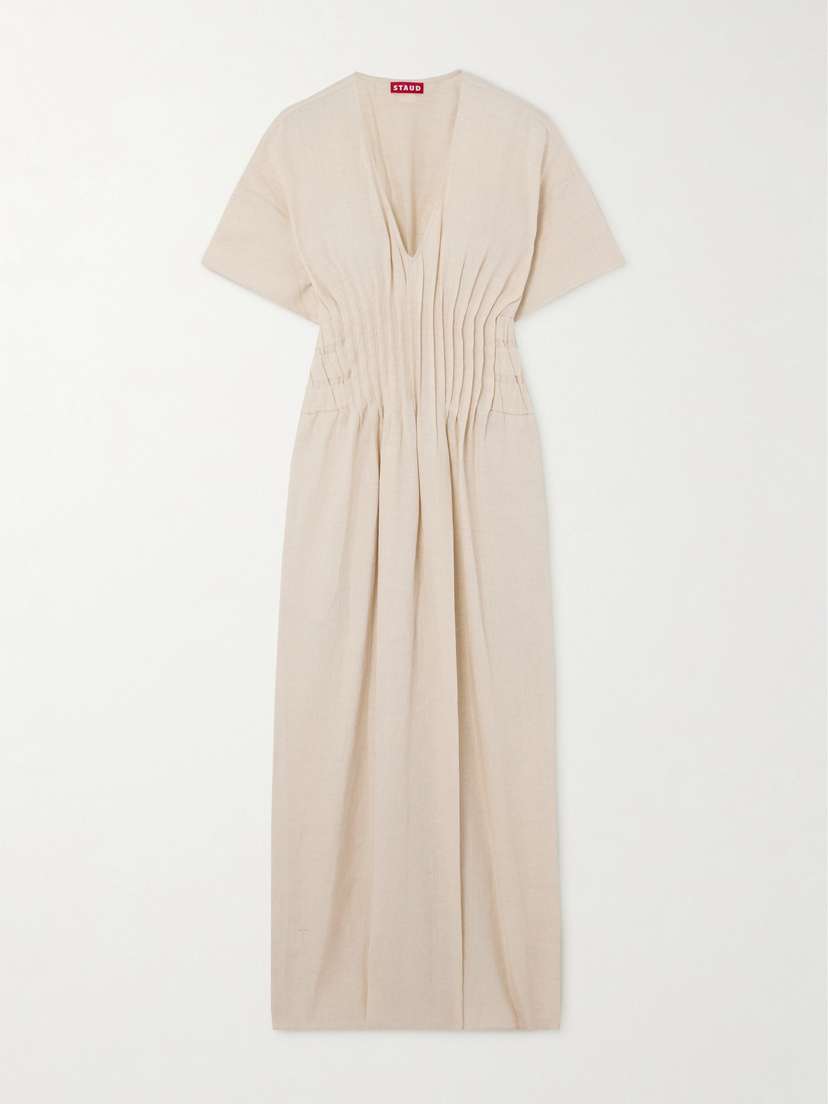 Staud Lauretta Pleated Linen Midi Dress - x large