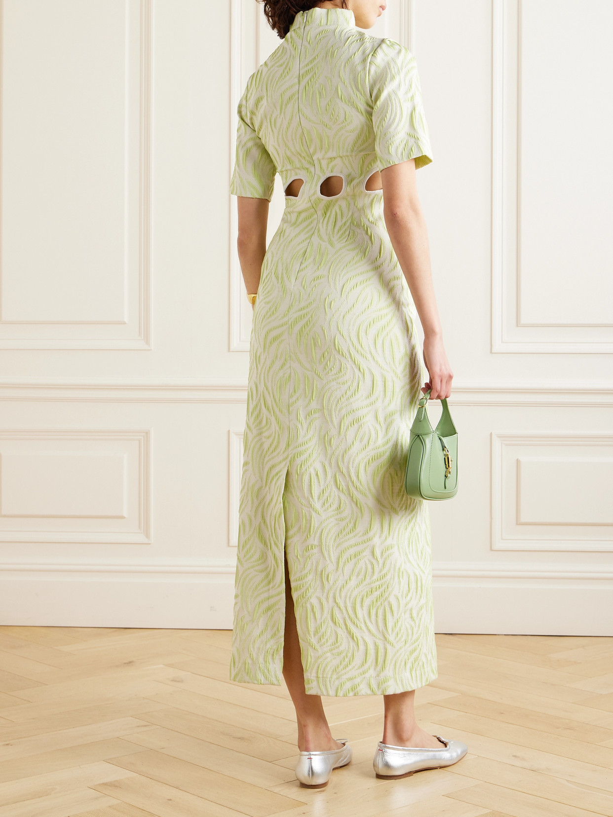 Shop D'estree Yayoi Cutout Appliquéd Faille Maxi Dress In Green