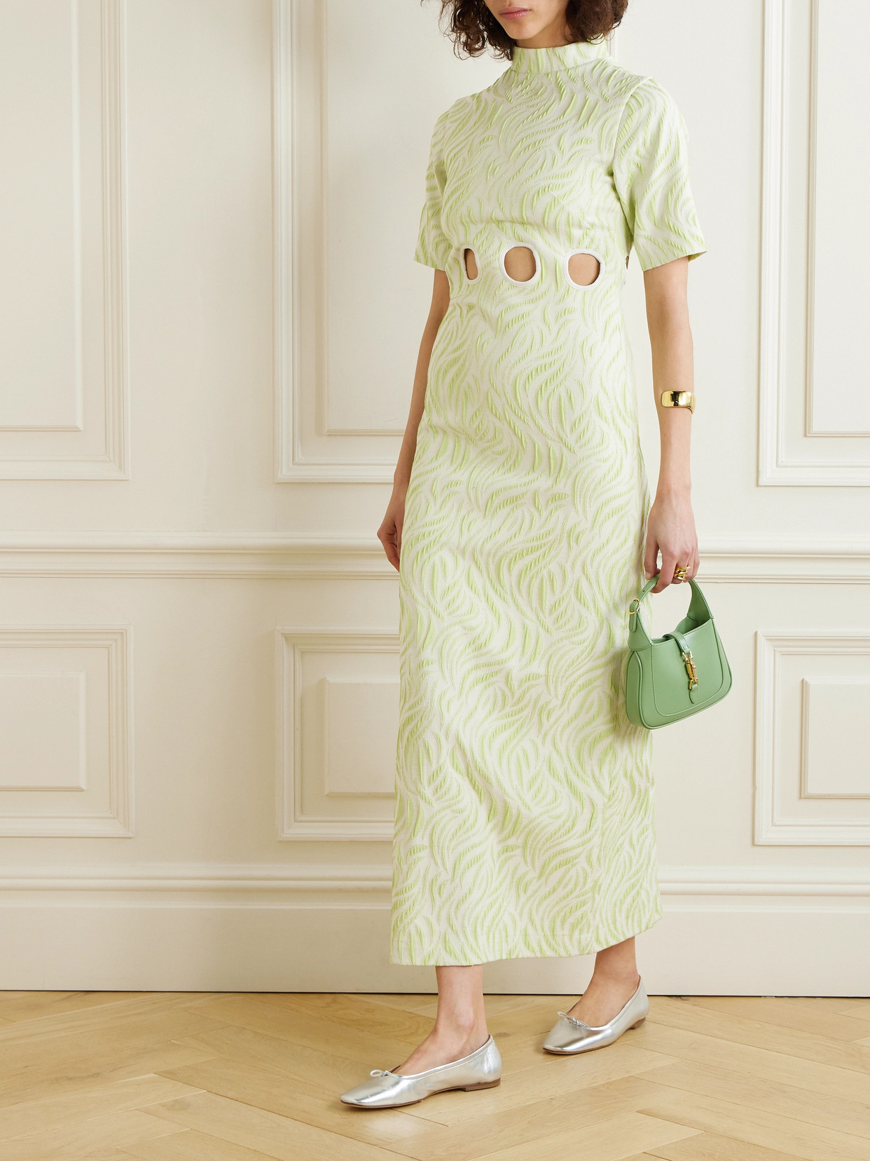 Shop D'estree Yayoi Cutout Appliquéd Faille Maxi Dress In Green