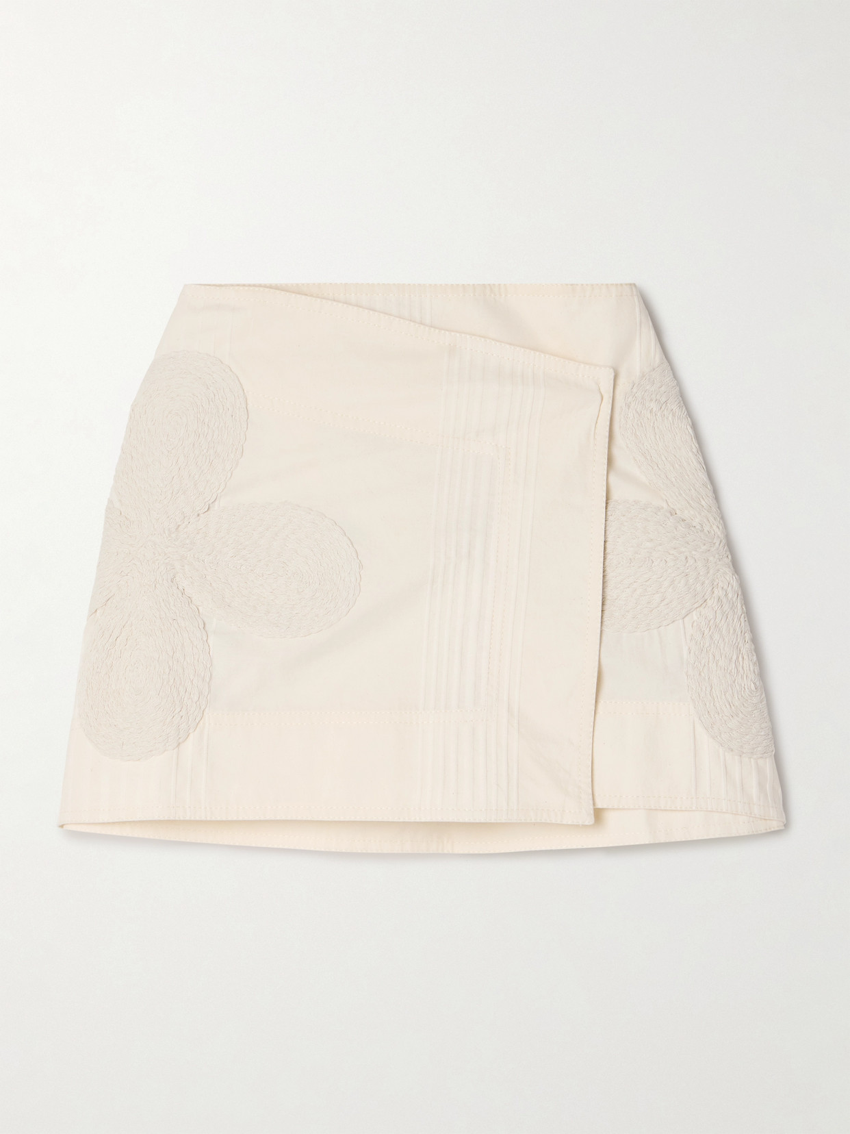 Johanna Ortiz Brouhaha Raffia-trimmed Embroidered Cotton Mini Wrap Skirt In Ecru