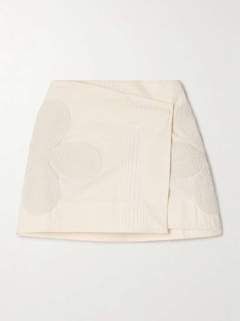 Johanna Ortiz Brouhaha Raffia-trimmed Embroidered Cotton Mini Wrap Skirt