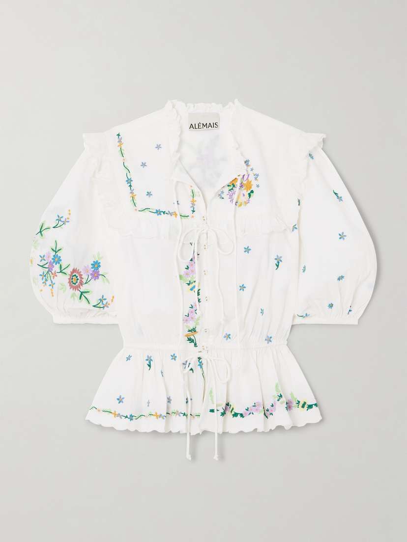 ALEMAIS Willa Ruffled Embroidered Organic Cotton Peplum Blouse - UK 16