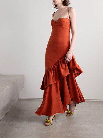 Johanna Ortiz Acércate Más asymmetric ruffled linen-blend dress