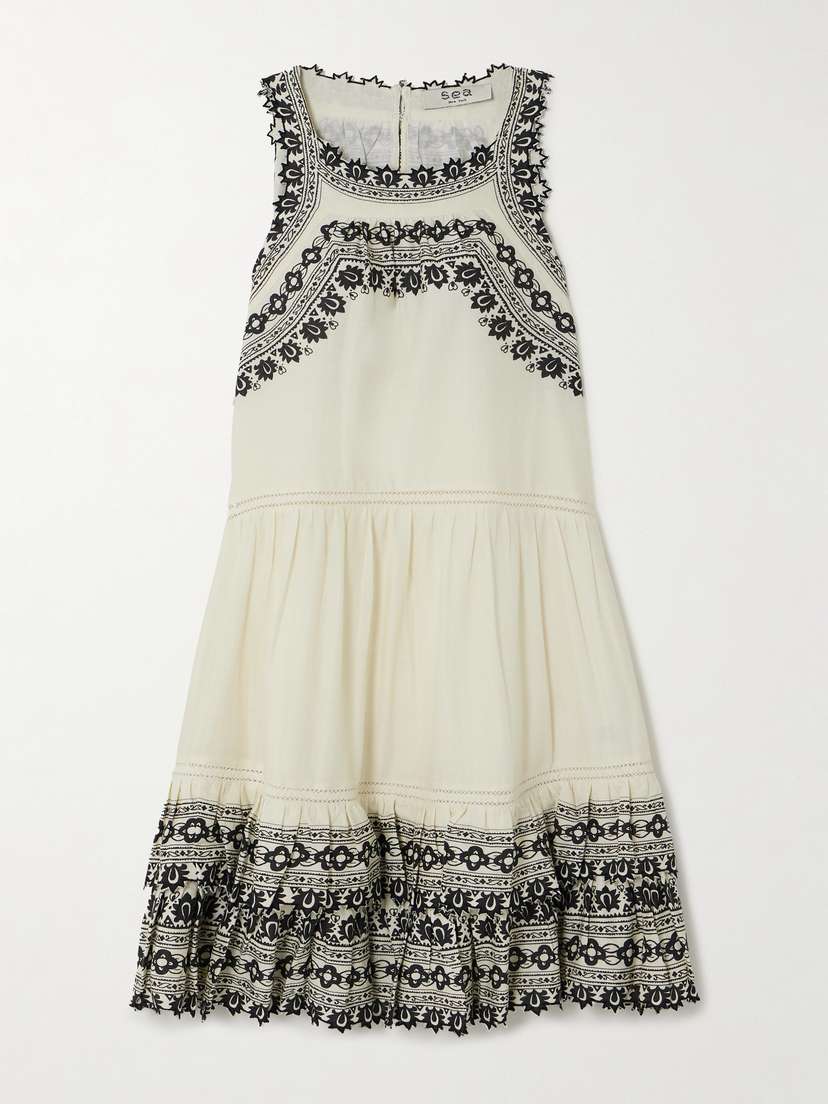 Sea Amina Printed Tiered Embroidered Swiss-dot Cotton Mini Dress
