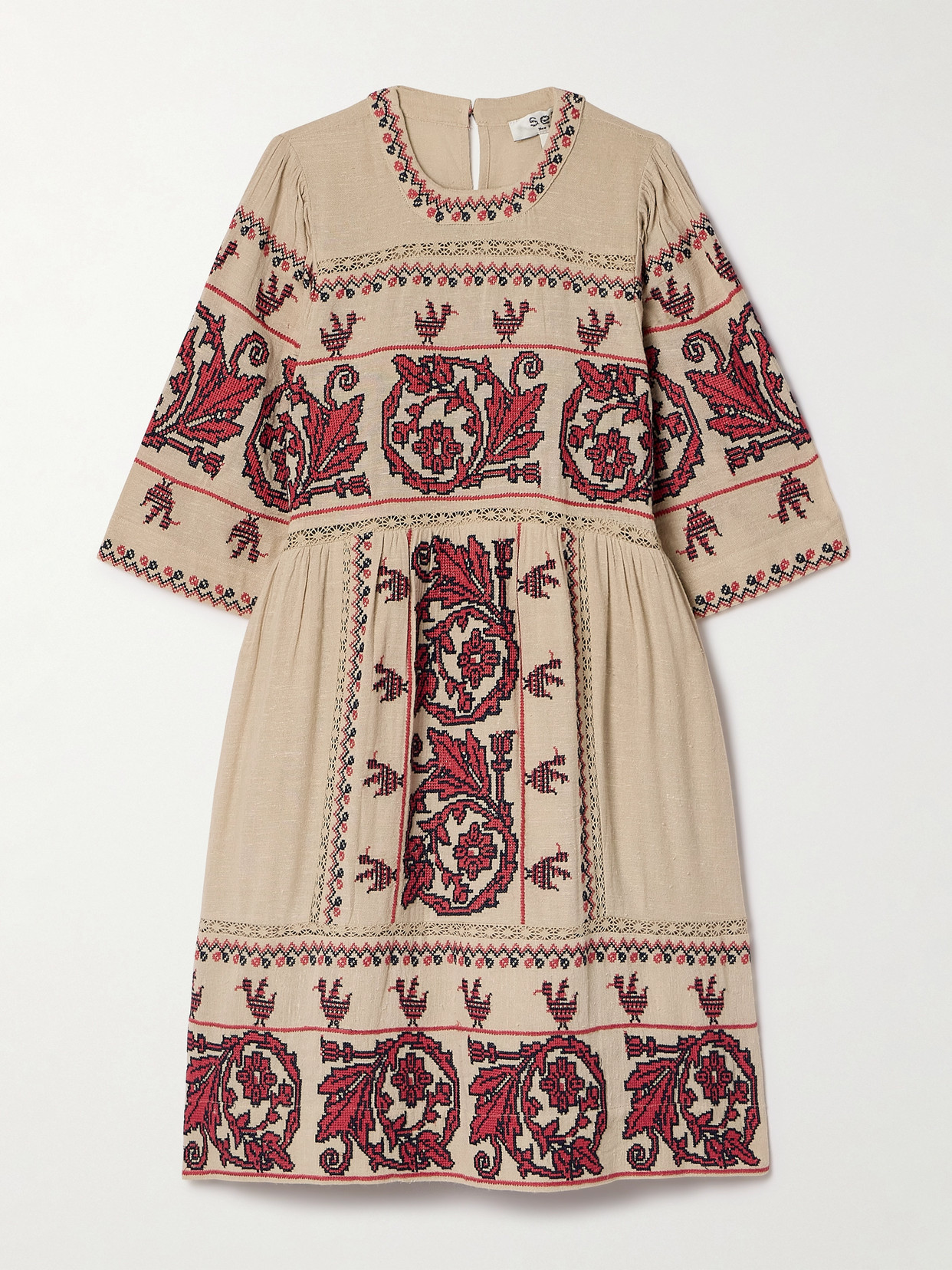 Sea - Beena Crochet-trimmed Embroidered Voile Mini Dress - Brown