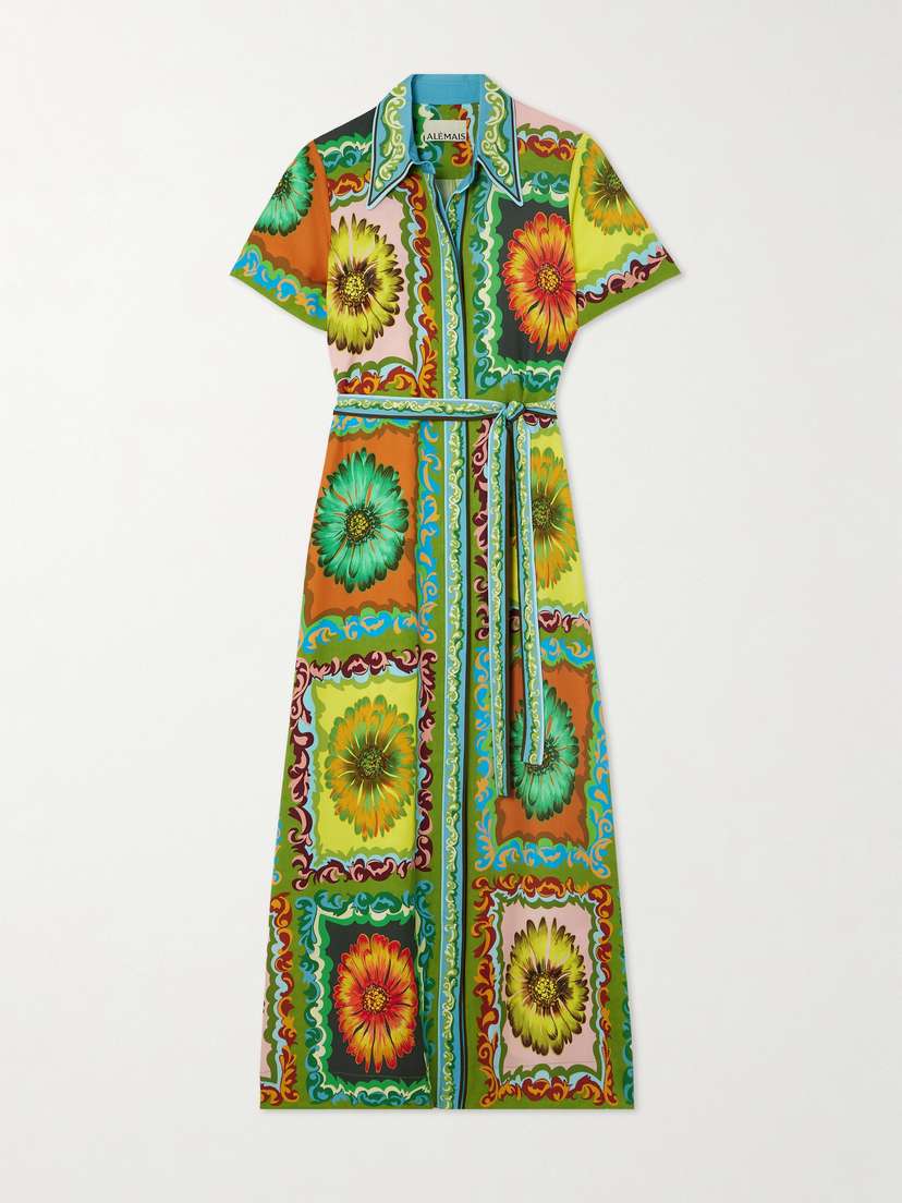 ALEMAIS Disco Daisy Belted Printed Tencel™ Lyocell-twill Maxi Shirt Dress - UK 16