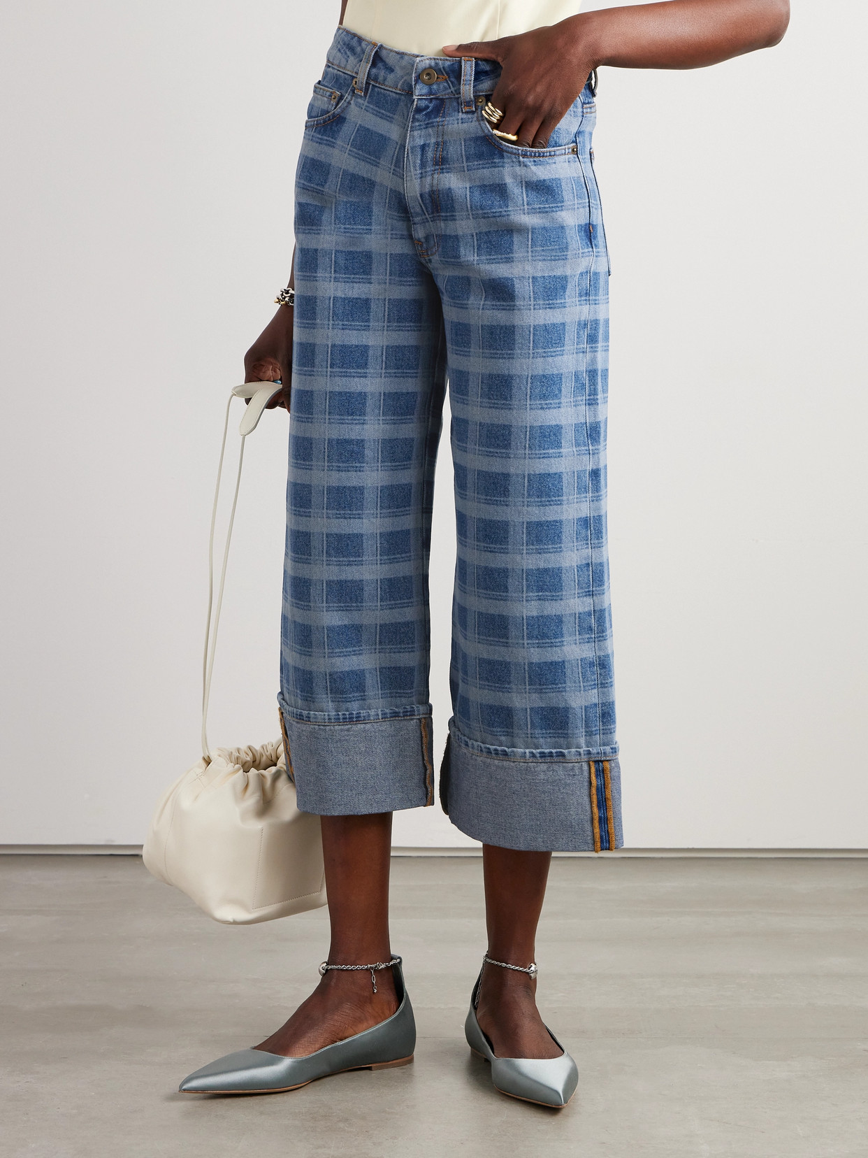 Leo Cropped Checked High-Rise Straight-Leg Jeans