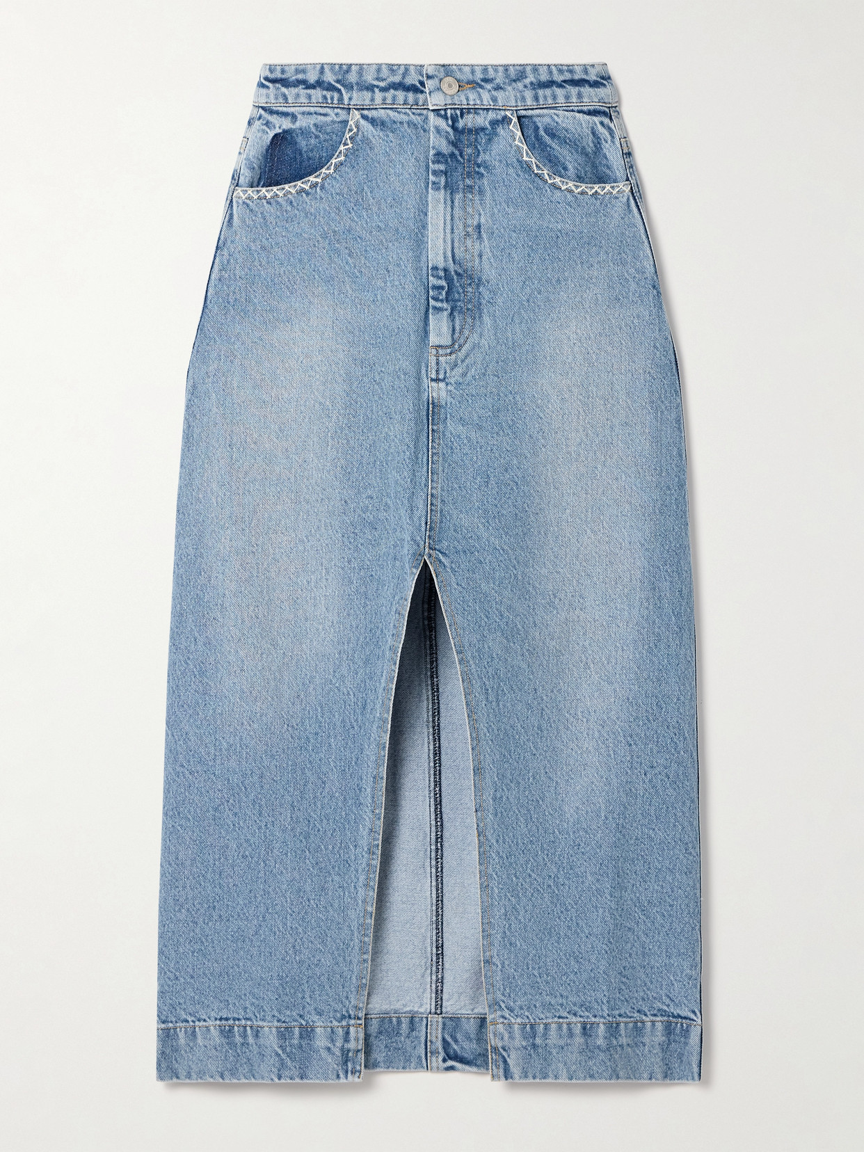 Sea - Marion Embroidered Denim Midi Skirt - Blue