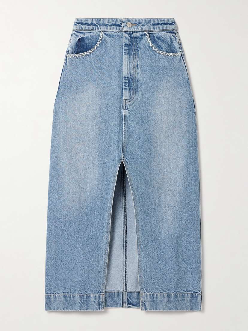 Sea Marion Embroidered Denim Midi Skirt