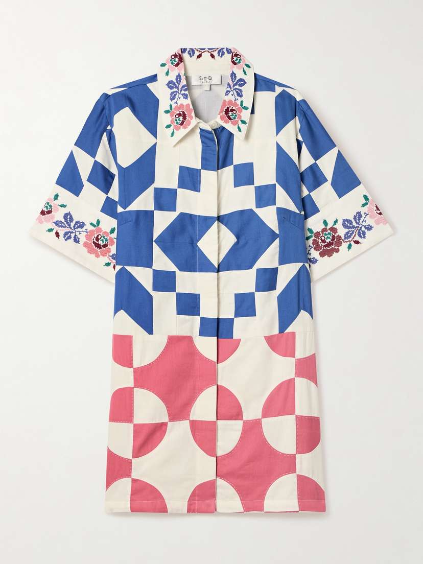 Sea Tanya Embroidered Patchwork Cotton Mini Shirt Dress