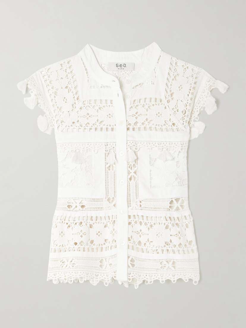 Sea Joah Fringed Broderie Anglaise Cotton And Corded Lace Blouse