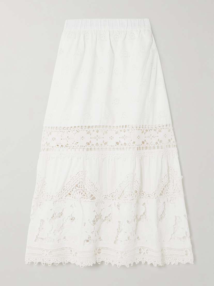 Sea Joah Corded Lace-trimmed Broderie Anglaise Cotton Midi Skirt -  - x large
