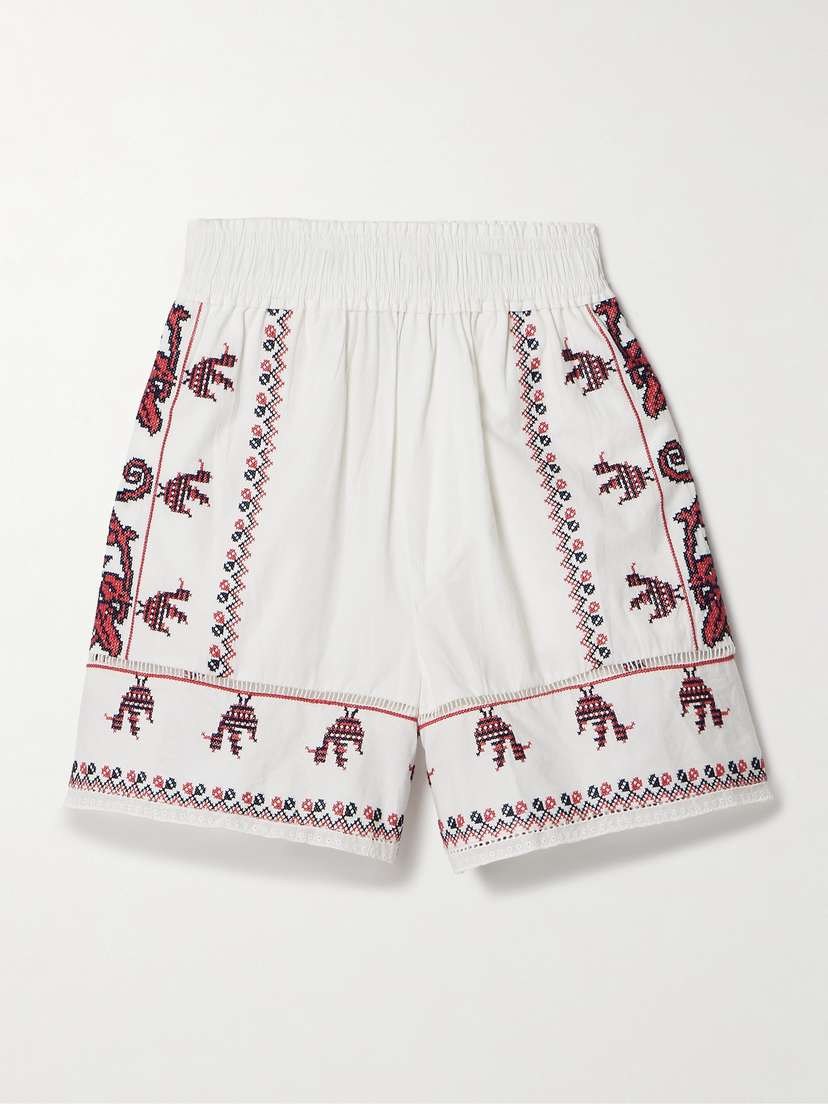 Sea Beena Crochet-trimmed Embroidered Cotton-poplin Shorts