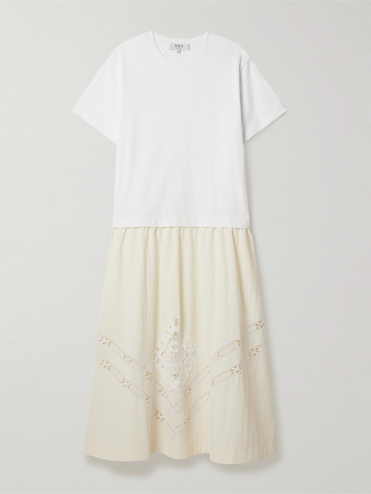 Sea Ainsley Cotton-jersey And Broderie Anglaise-trimmed Crinkled-shell Midi Dress In Cream