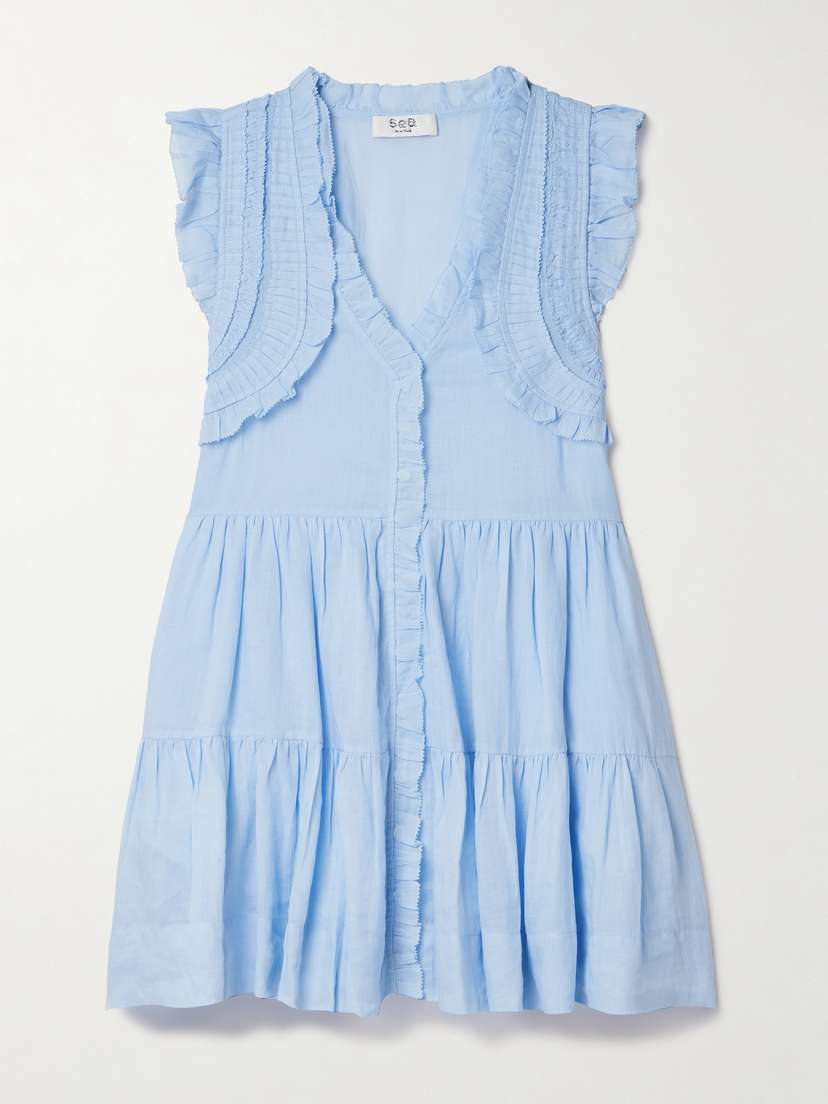 Sea Cole Ruffled Pintucked Tiered Ramie Mini Dress