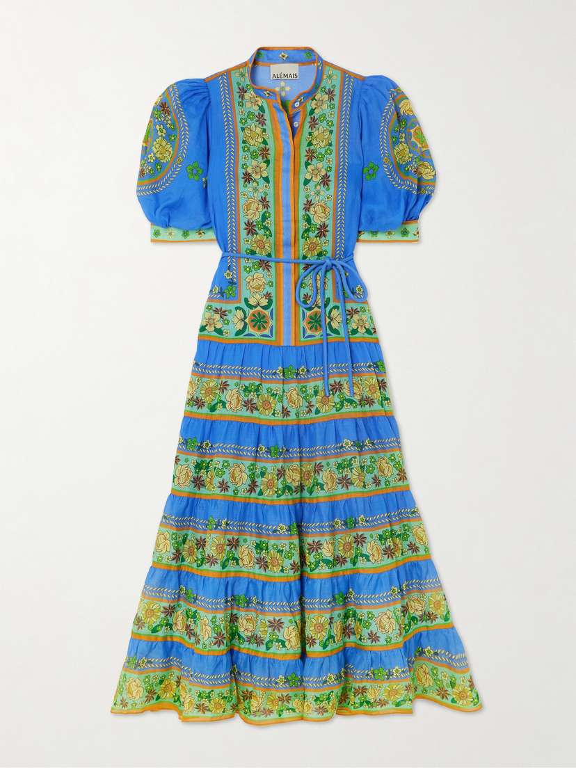 ALEMAIS Linda Belted Tiered Printed Ramie Midi Dress - UK 16