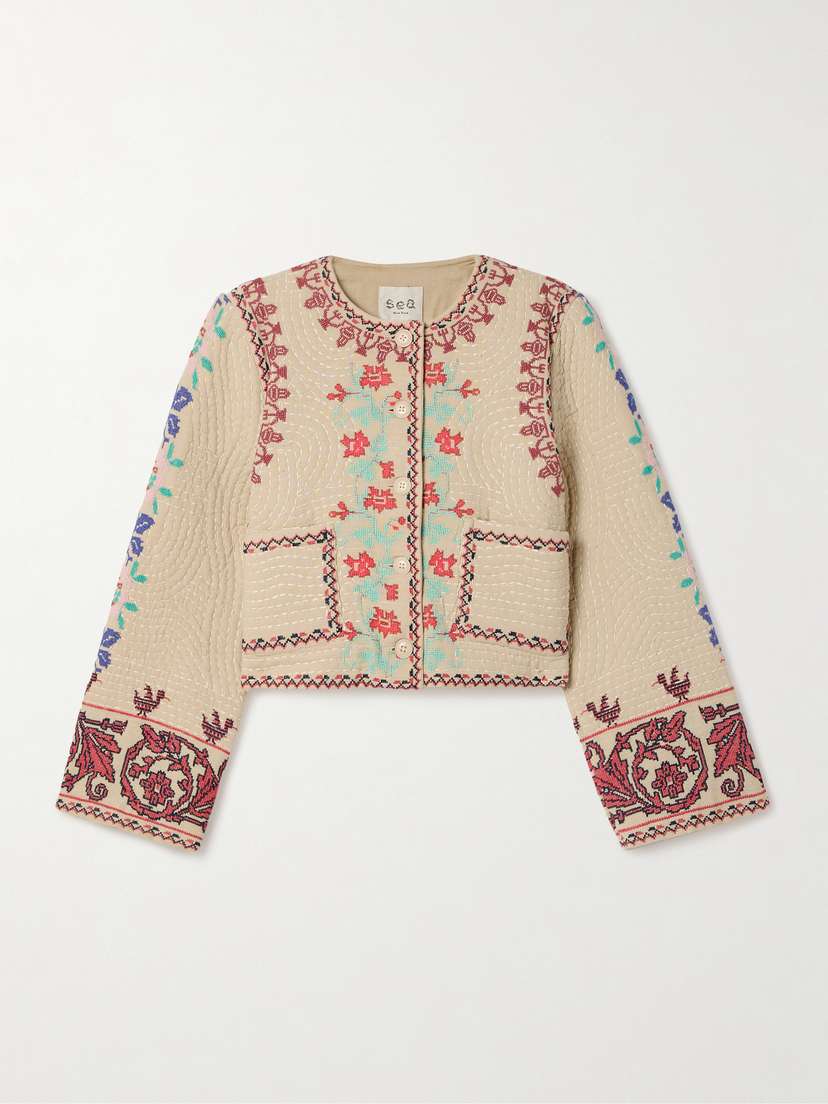 Sea Ramona Cropped Embroidered Quilted Voile Jacket - x large