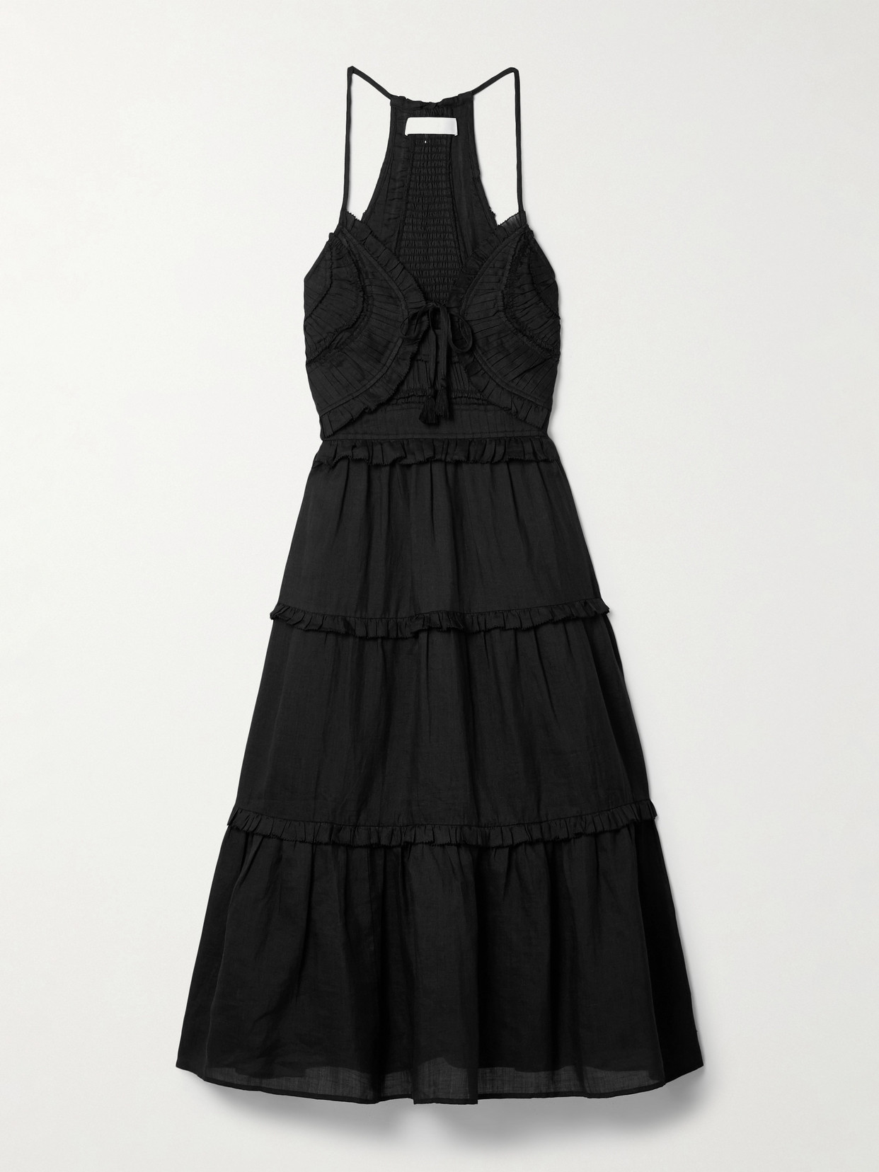 Sea Cole Ruffled Pintucked Tiered Ramie Midi Dress In Black