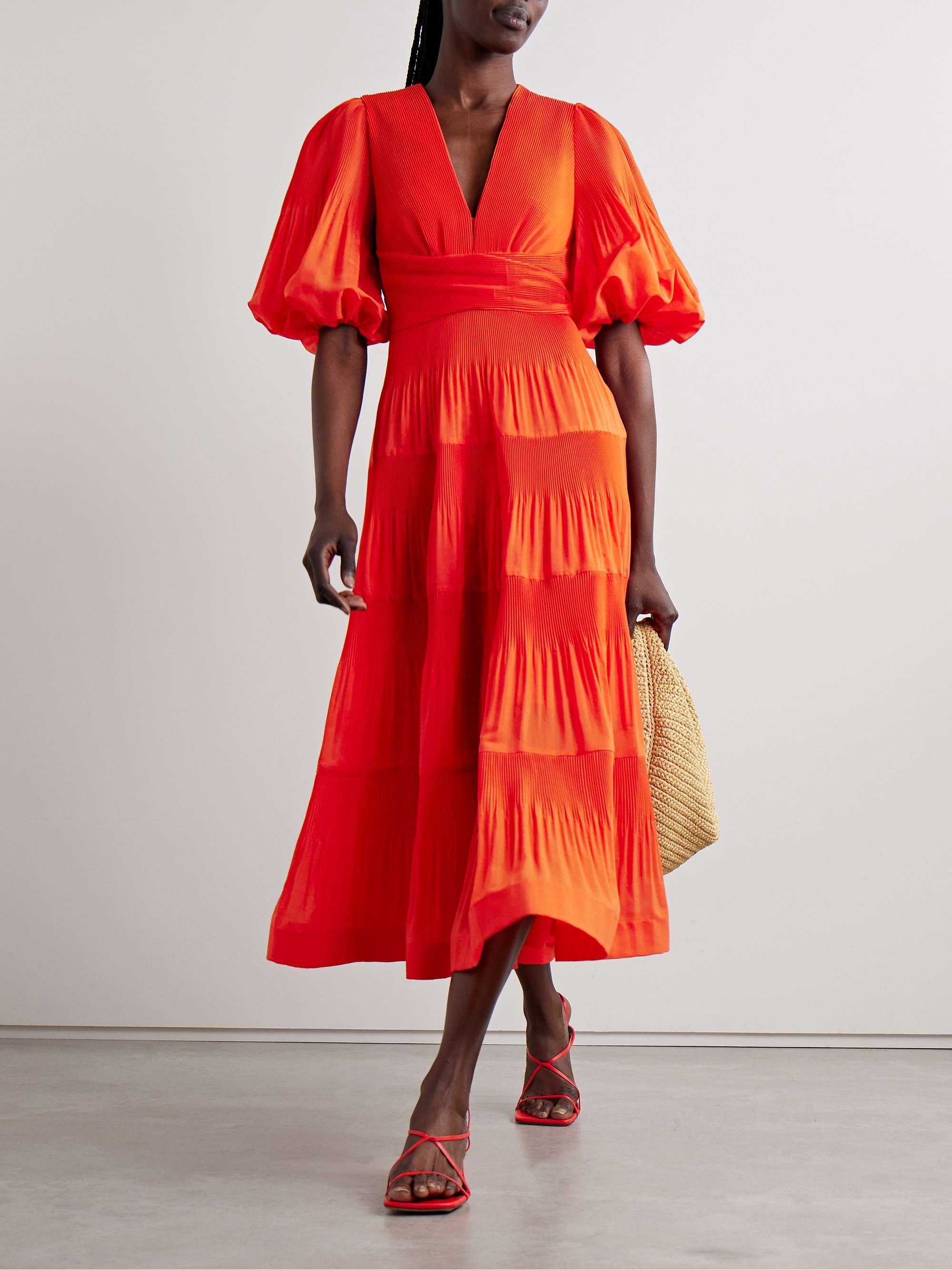 Tiered plisse taffeta midi dress red 00