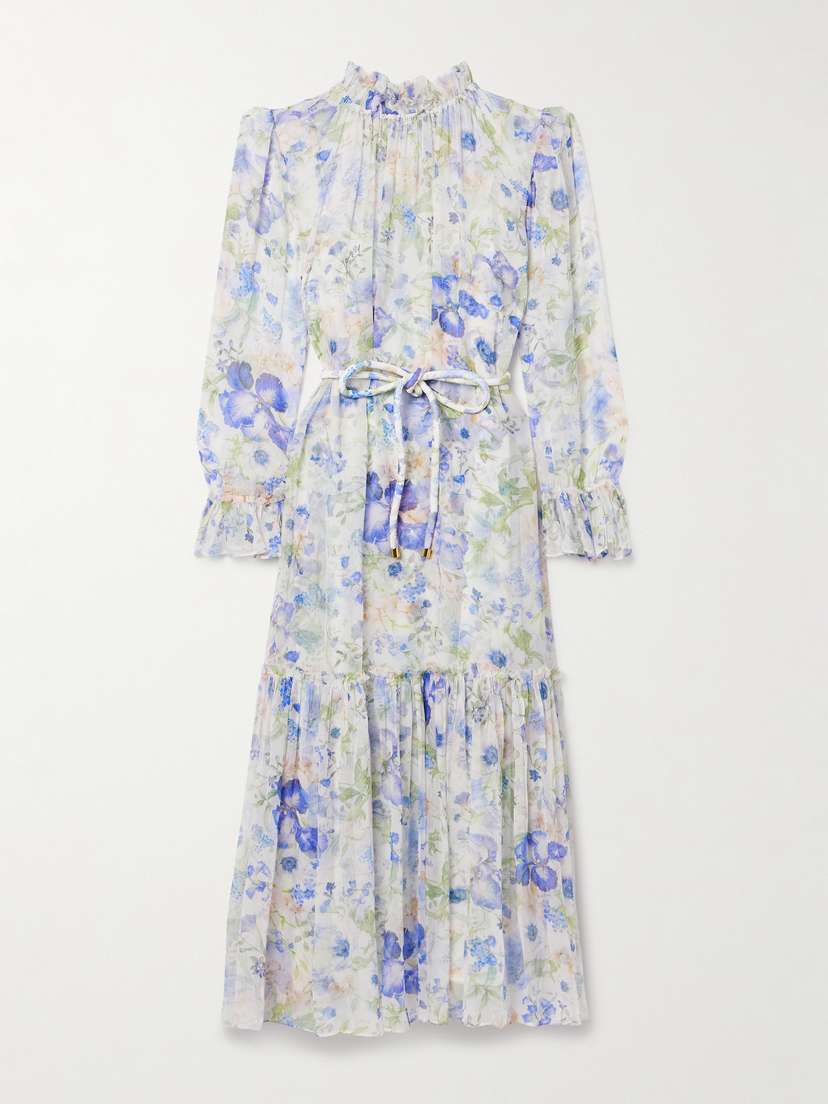 Zimmermann + Net Sustain Natura Belted Ruffled Floral-print Crepon Midi Dress