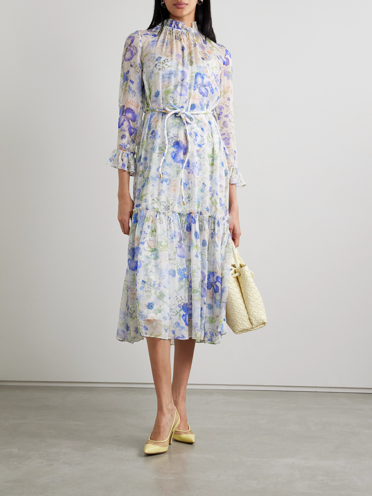 Shop Zimmermann + Net Sustain Natura Belted Ruffled Floral-print Crepon Midi Dress In Multi