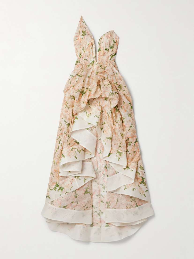 Zimmermann Natura Asymmetric Strapless Floral-print Linen And Silk-blend Gauze Gown