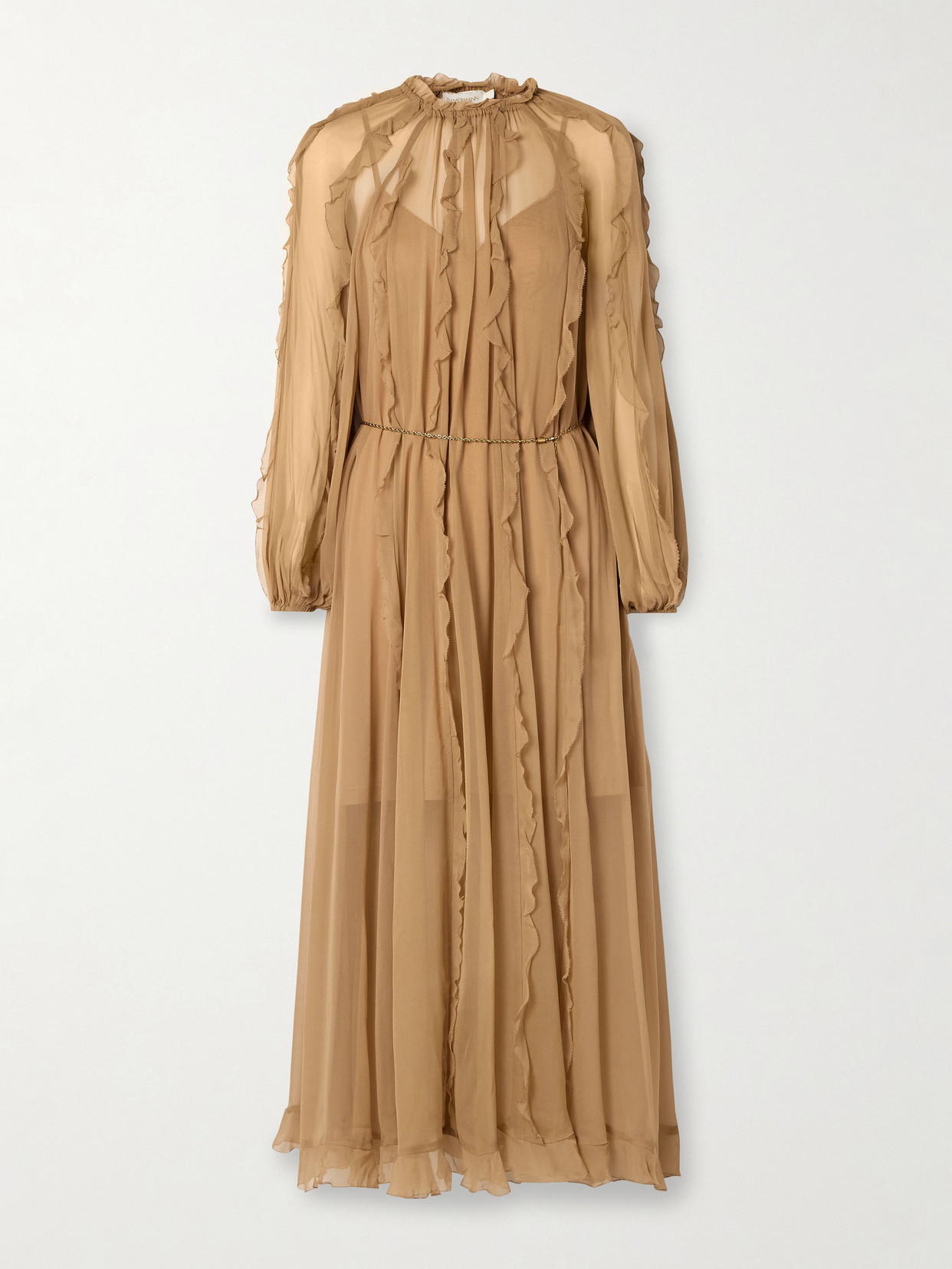 Shop Zimmermann Tranquility Belted Ruffled Silk-chiffon Midi Dress In Brown