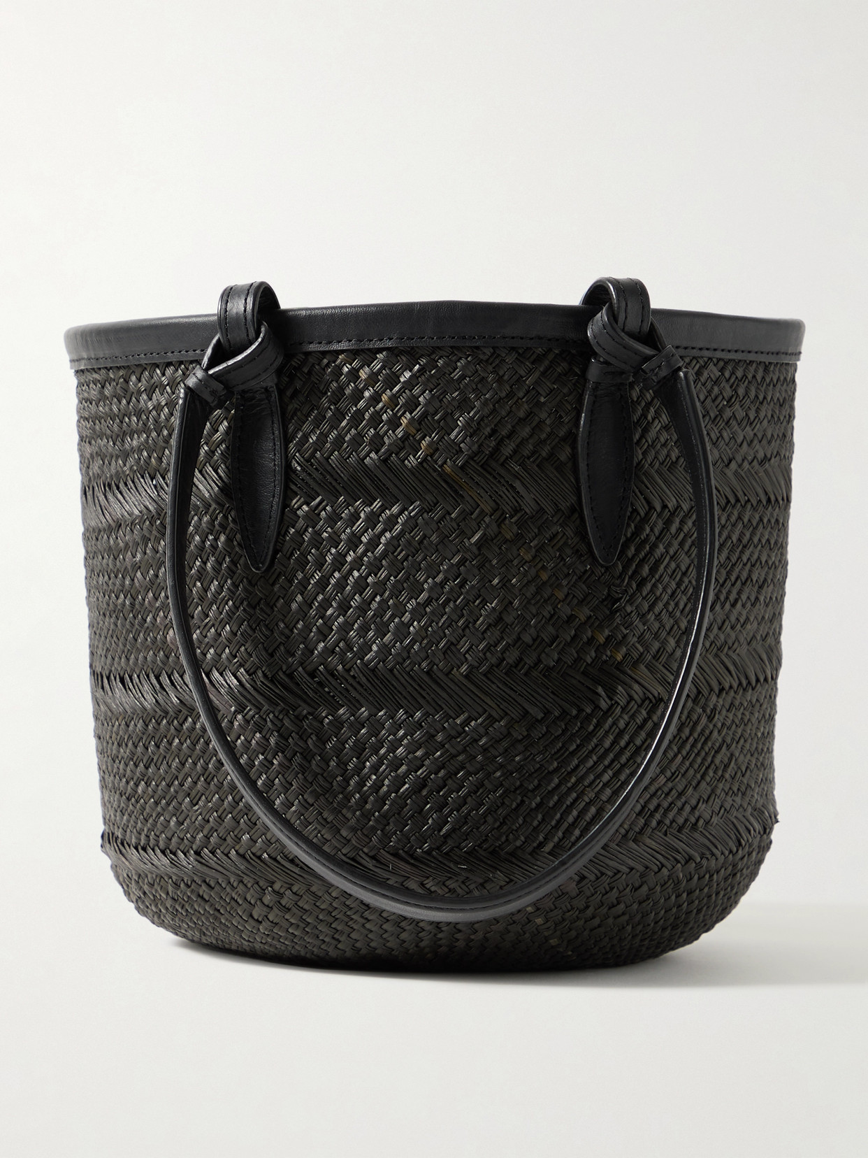 Hunting Season Small Leather-trimmed Woven Iraca Tote In Black