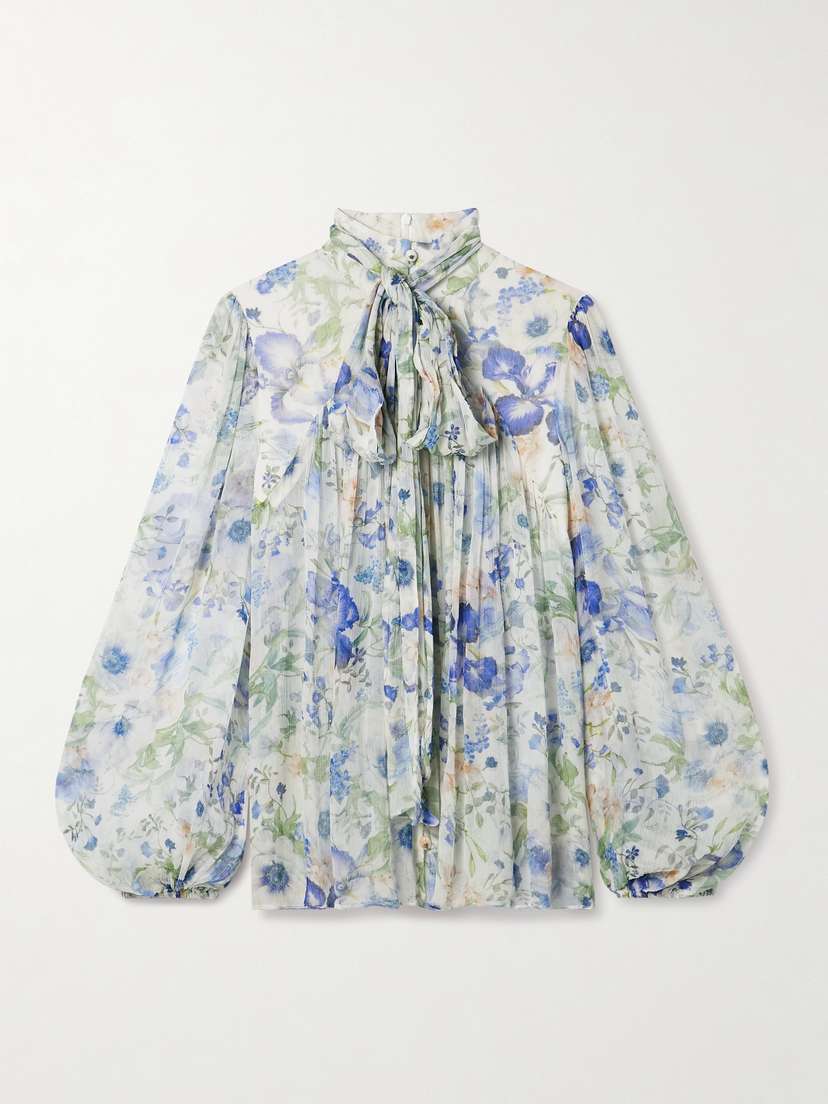 Zimmermann + Net Sustain Natura Pussy-bow Floral-print Crepon Blouse