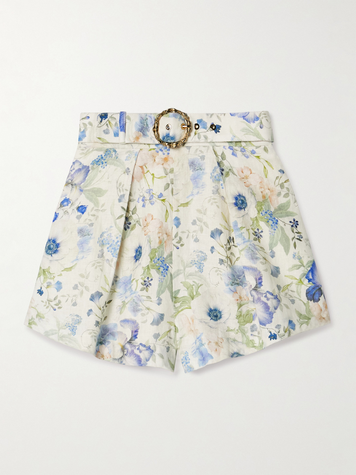 Shop Zimmermann Natura Belted Pleated Floral-print Linen Shorts In Blue