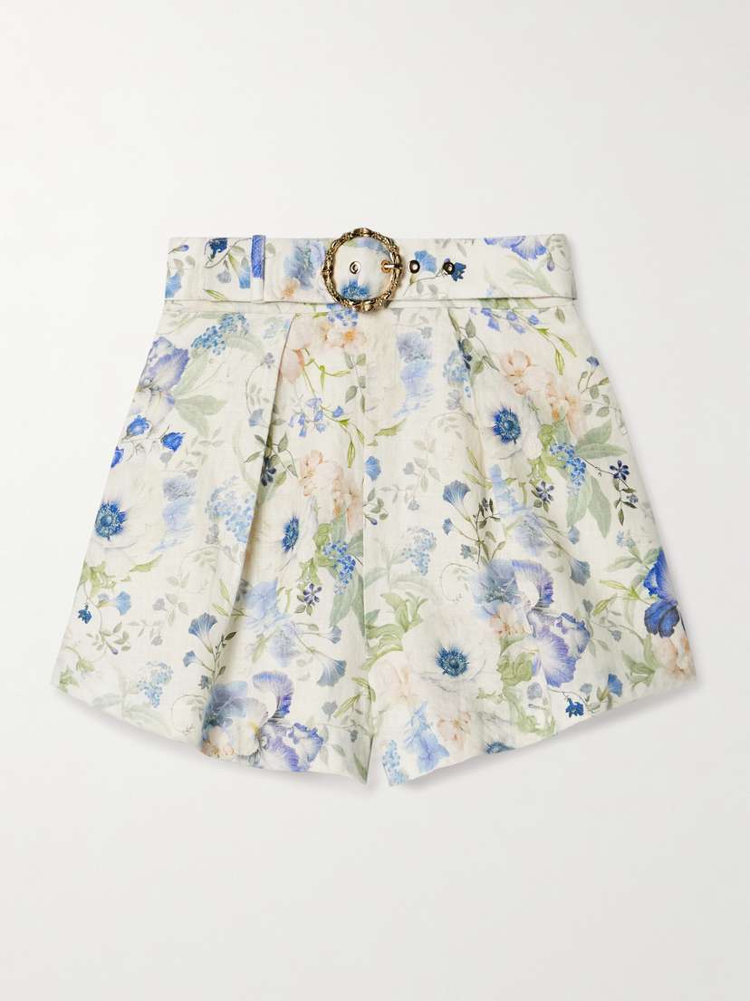 Zimmermann Natura Belted Pleated Floral-print Linen Shorts