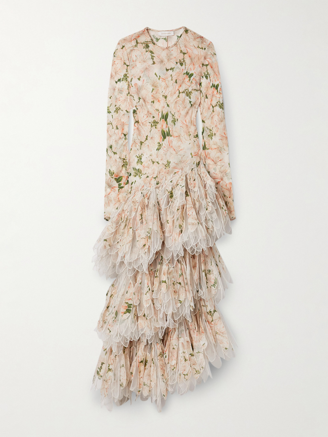 Zimmermann Natura Asymmetric Tulle-trimmed Floral-print Linen And Silk-blend Maxi Dress In Cream