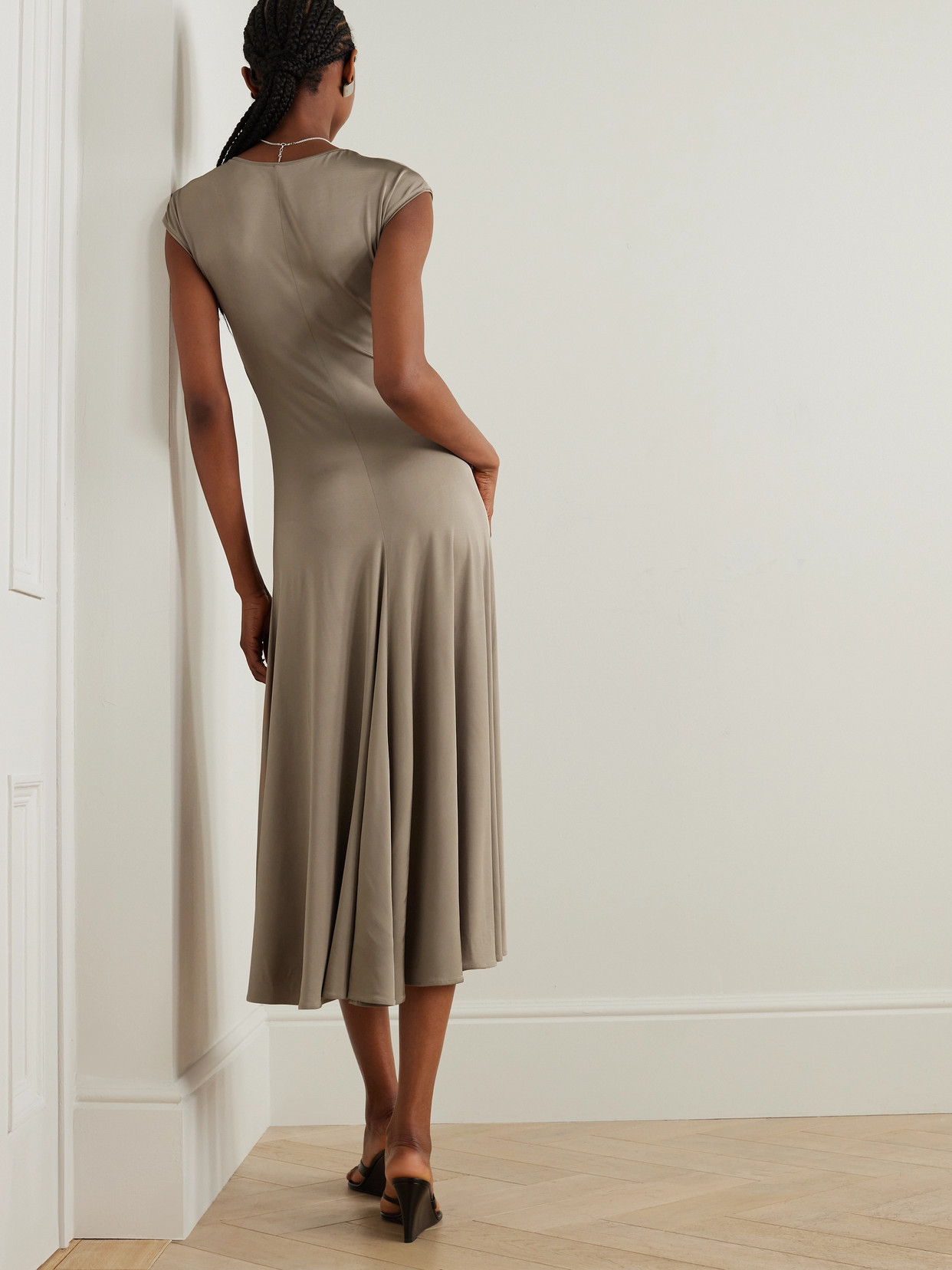 Shop Magda Butrym Pleated Stretch-jersey Midi Dress In Brown