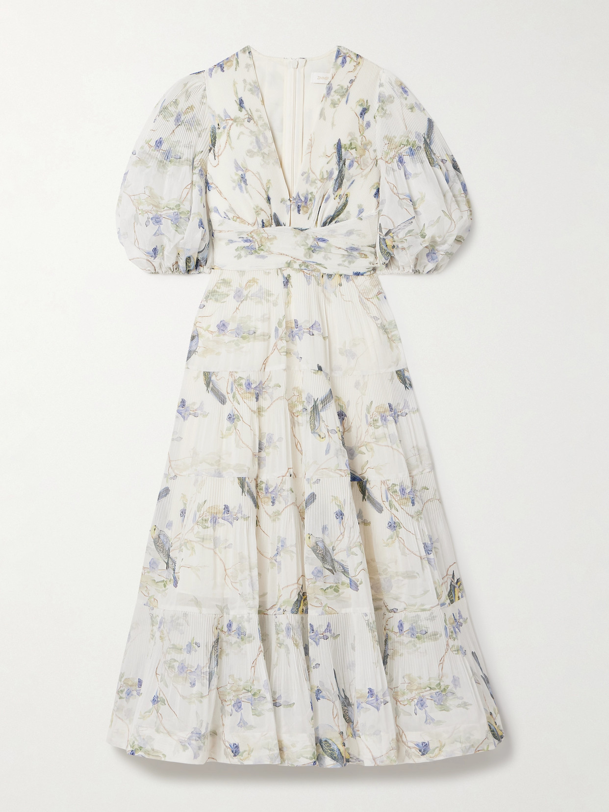 Zimmermann Belted Pleated Printed Chiffon Midi Dress - Blue