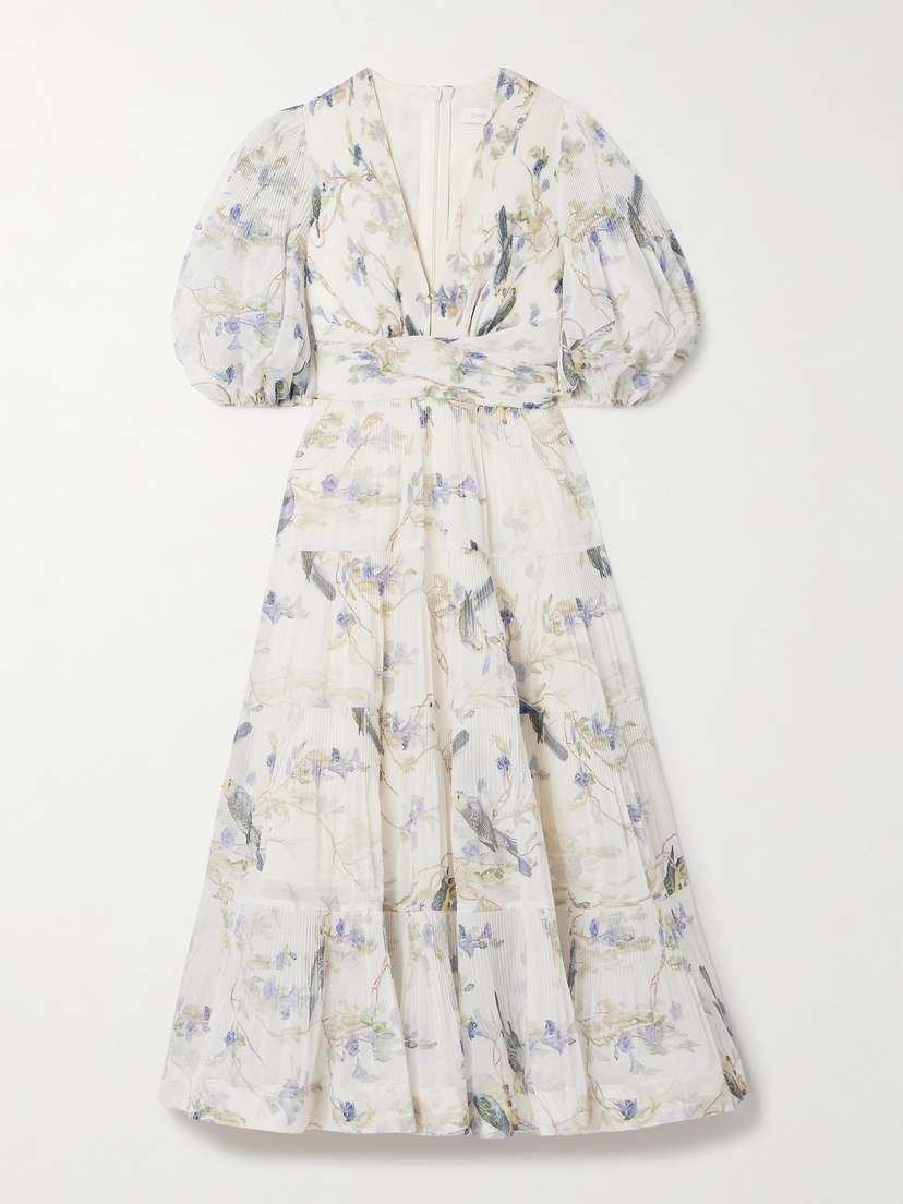 Zimmermann Belted Pleated Printed Chiffon Midi Dress