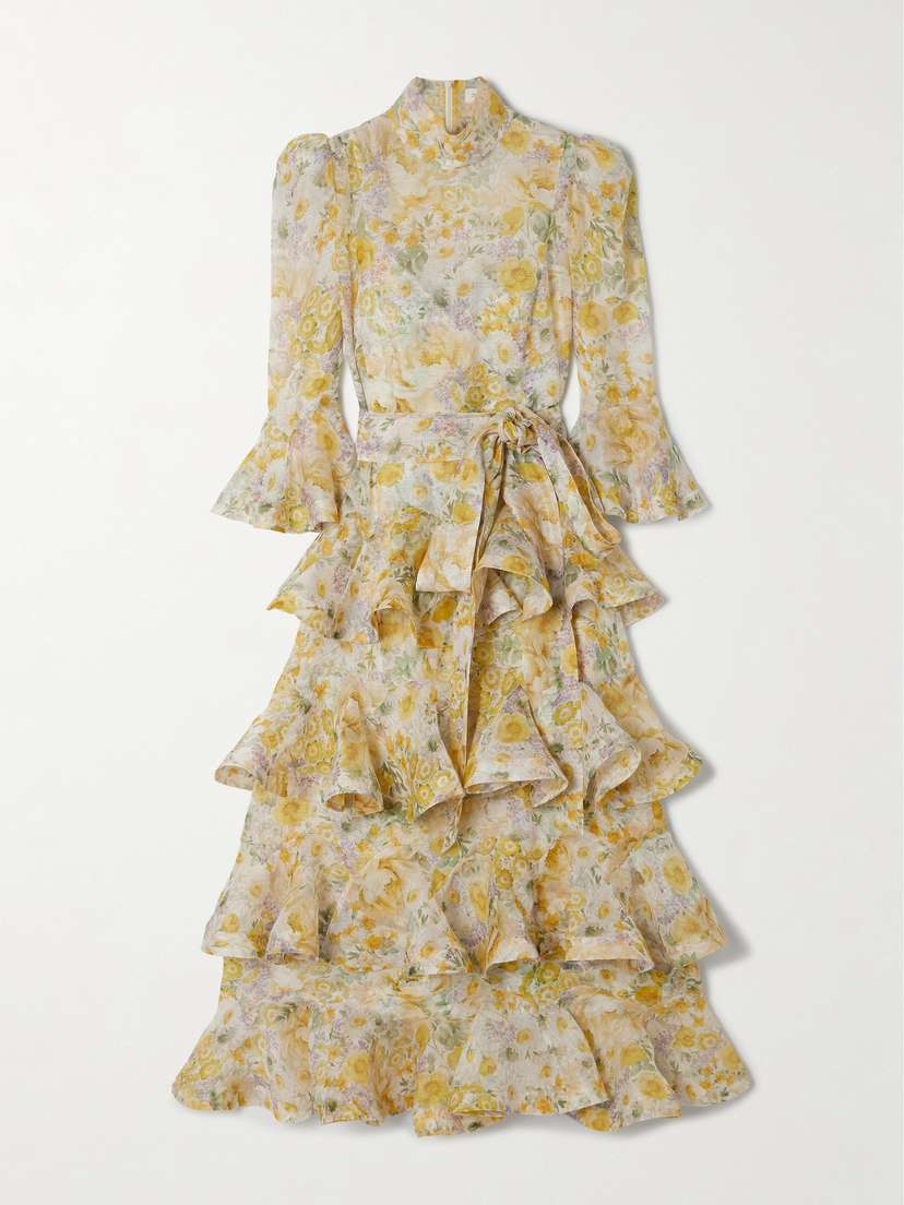 Zimmermann Harmony Tiered Ruffled Floral-print Linen And Silk-blend Midi Dress