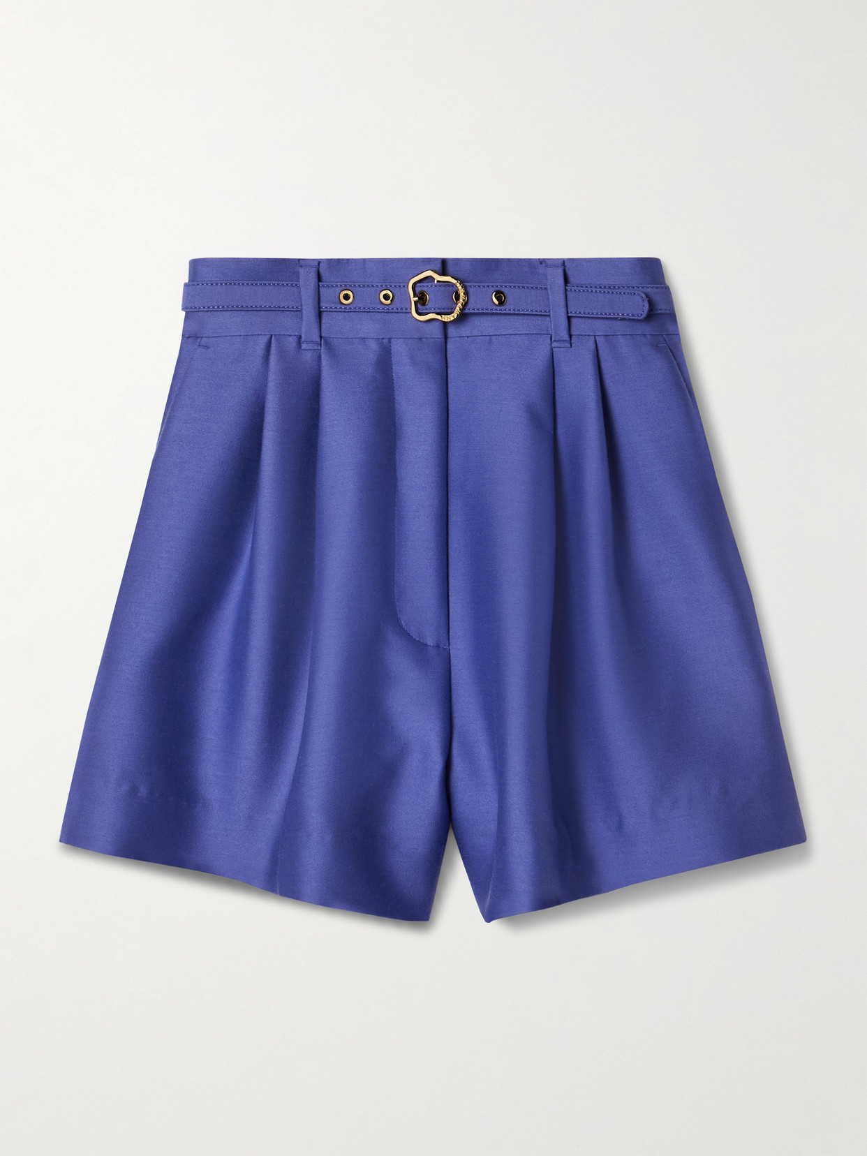 Zimmermann Natura Belted Pleated Wool And Silk-blend Shorts In Blue