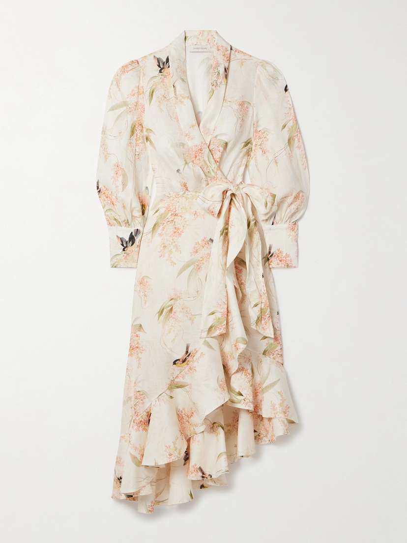 Zimmermann + Net Sustain Printed Linen Midi Wrap Dress