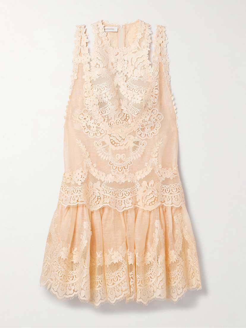 Zimmermann Natura Guipure Lace-trimmed Linen And Silk-blend Mini Dress